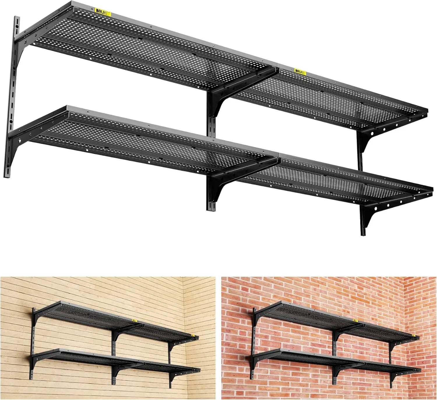 2-Pack×2 Tier 1.3x3ft Garage Shelving Wall Mounted, 800 lbs Load Capacity，15.6x36inch per Shelf Height Cassette Adjustable Floating Shelves（Total 4pcs）(Black) by GreenHaven Gardens