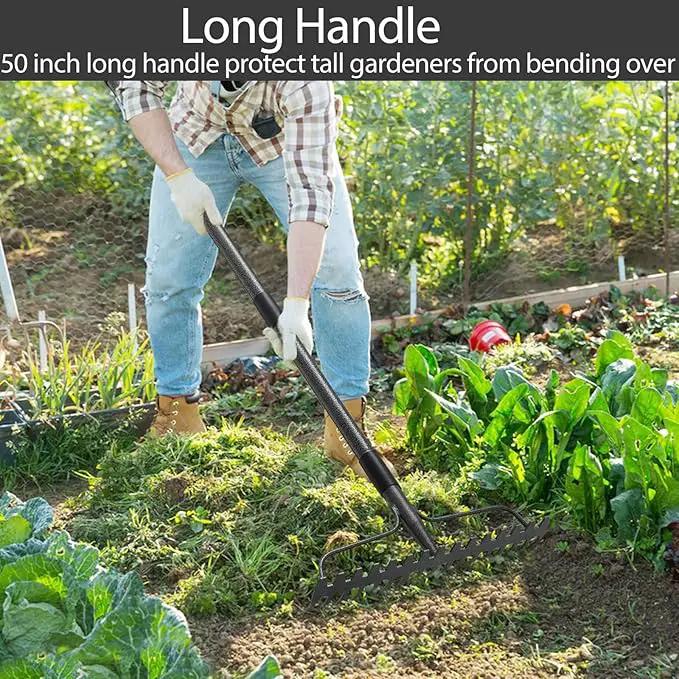 Bow Rakes for Lawns, 17 Prongs 17" Wide Heavy Duty Metal Garden Rake Long Handle 50", Adjustable Rock Yard Thatch Rake for Leaves Gardening Loosening Soil Mulch Gathering Leaf by GreenHaven Gardens