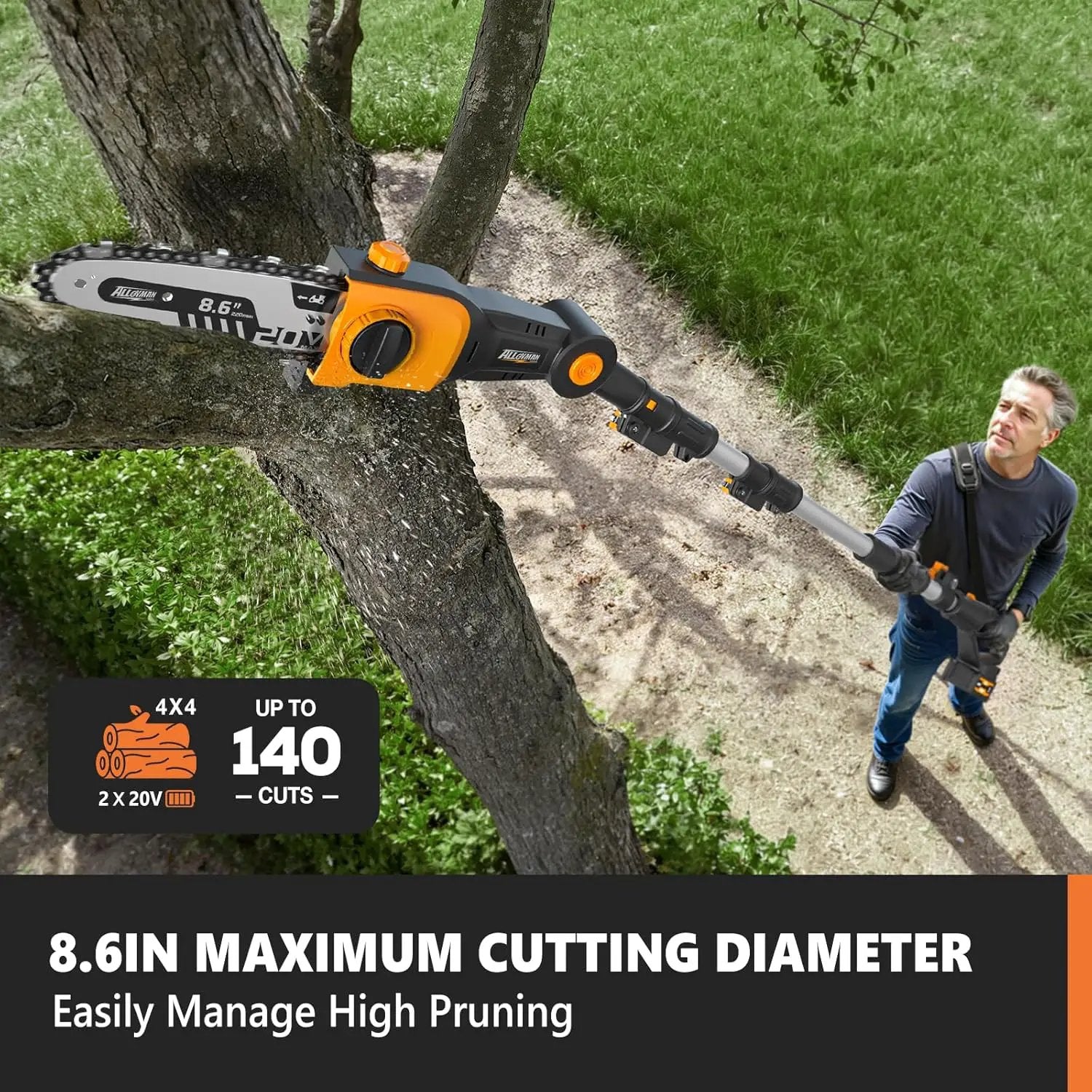 Alloyman 2-in-1 Telescoping Cordless Pole Hedge Trimmer 16-Inch and Pole Saw 8.6-Inch,with 2 Packs 4.0Ah Batteries & Charger,for Tree Trimming and Shrubs Pruning by GreenHaven Gardens