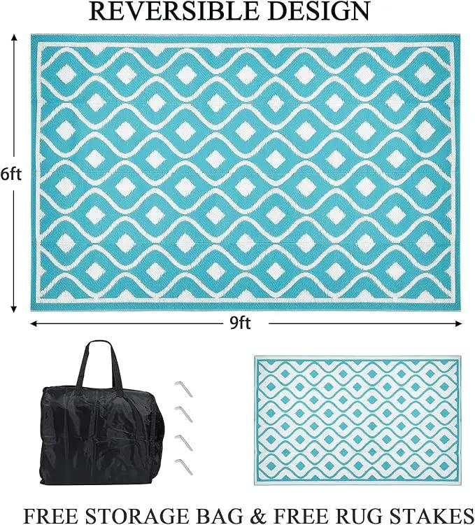 Pauwer Waterproof Outdoor Rug 6x9, Reversible Plastic Straw Patio Camping Rug, Indoor Outdoor RV Mat Carpet for Deck, Camper, Porch, Balcony, Backyard, Picnic, Geometric Teal by GreenHaven Gardens