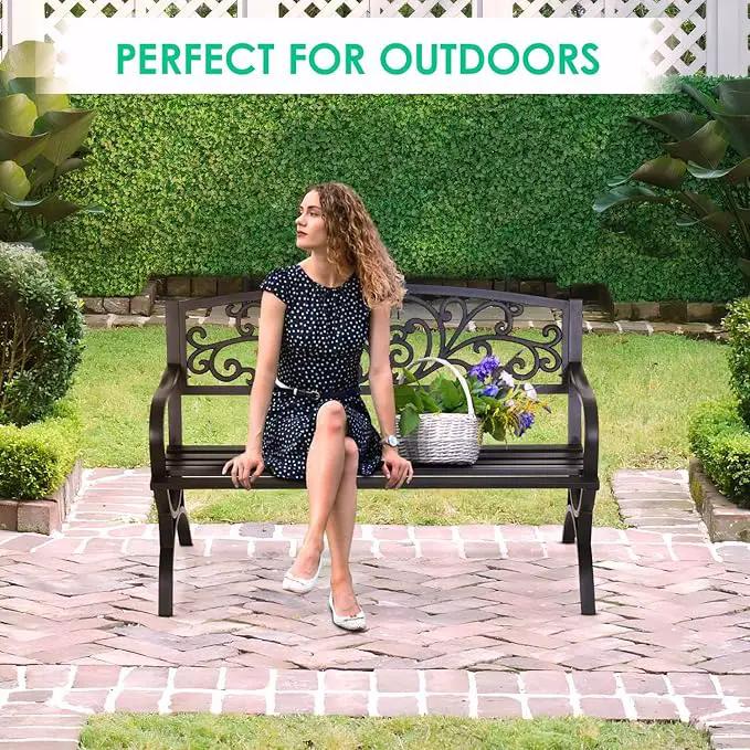 FDW Outdoor 50 Inches Garden Bench, Slatted Seat Armrests Floral Design Backres and Arch Legs, Perfect for Park, Yard, Porch, Lawn, Balcony, Backyard, Black by GreenHaven Gardens