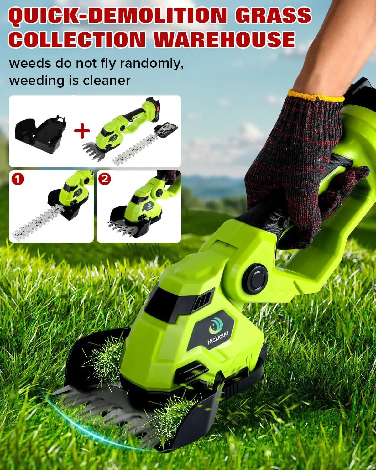 Cordless Hedge Trimmer，2-in-1 Hedge Trimmer，Cordless Grass Shear & Shrubbery Trimmer with Dual-Action Blade Cutting Capacity,Hedge Shear with 2 PCS Rechargeable Battery and Charger for Garden,Lawn by GreenHaven Gardens