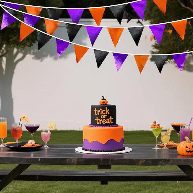 Black Orange Purple Halloween Party Decorations Metallic Fabric Triangle Pennant Banner Flag Bunting Garland for Birthday Baby Shower Bachelorette Trick or Treat Halloween Holiday Party Supplies by GreenHaven Gardens
