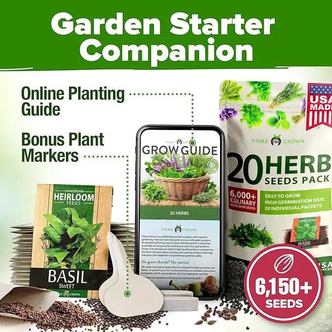 HOME GROWN 20 Herb Seeds for Planting 6,000+ Non-GMO Heirloom Seeds | Extra Large Variety Pack Herb Kit – Indoor Outdoor & Hydroponic | Culinary Seed Set | Grow Your Own Herbs | Gardening Gift by GreenHaven Gardens