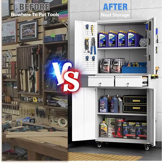 Metal Garage Storage Cabinet with Locking Doors and 2 Adjustable Shelves, Rolling Tool Storage Cabinet with 4 Wheels and 2 Drawer for Garage, Warehouse, White and Gray, Assembly Required by GreenHaven Gardens