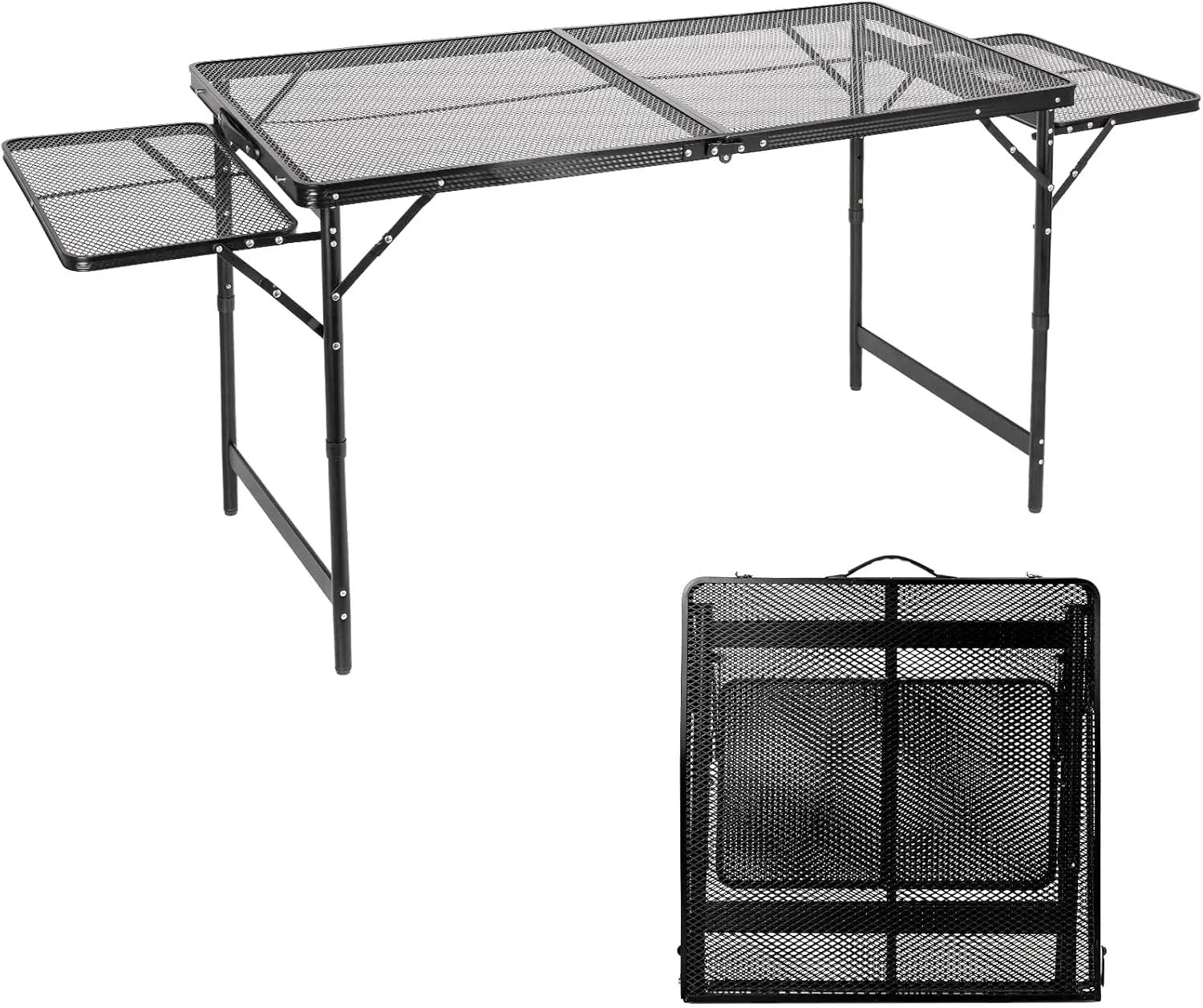 Grill Table Folding Table with 2 Wing Panels 4FT+1.77 FT with Mesh Desktop 3 Height Adjustable Portable Grill for Outdoor Indoor Beach BBQ Picnic Travel RV Black by GreenHaven Gardens
