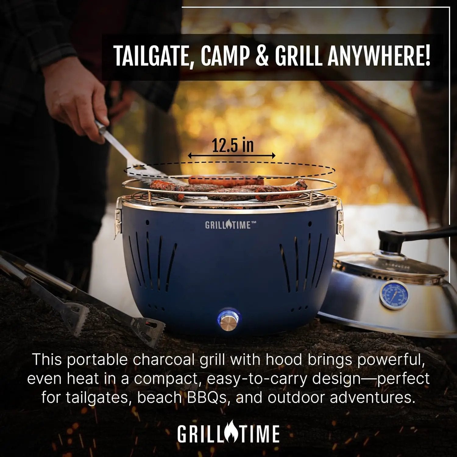 GrillTime Tailgater GT Hood Combo 13 Inch - Portable Charcoal Grill with Hood, Small Tabletop Grill for Tailgate Parties, Camping, Beach BBQ, Grey by GreenHaven Gardens