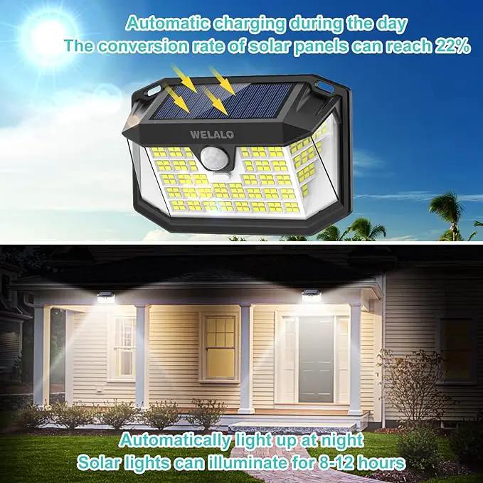 Solar Motion Sensor Lights Outdoor, [3 Modes/4 Pack/188 LED] 270° Wide Angle Lighting,Security Solar Powered Wall Lights, IP65 Waterproof Flood Lights for Fence Porch Yard Patio(Black) by GreenHaven Gardens