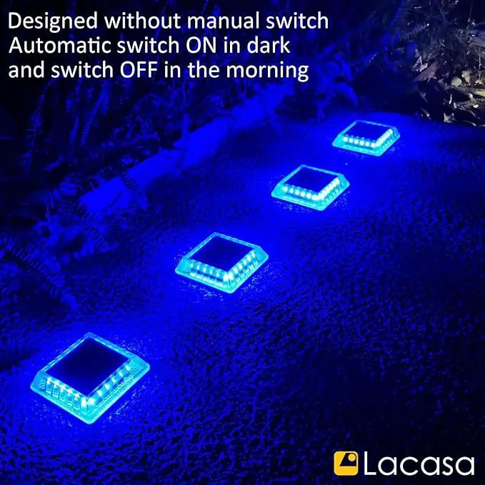 Lacasa Solar Deck Lights, 4 Pack 30LM LED Dock Lights Blue Light, Outdoor Solar Powered Step Lights Light up All Night IP68 Waterproof Auto ON/Off for Garden Stairs Driveway Pathway Lighting by GreenHaven Gardens