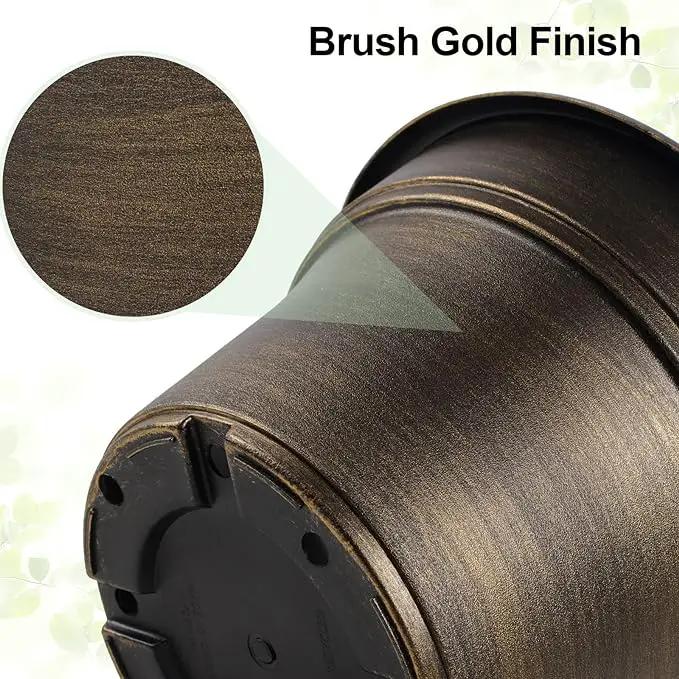Plant Planters Pots Set of 4 Pack 9 Inch, Plastic Flower Pot for Indoor Plants with Drainage Holes & Trays, Resin Decorative Container Sets with Saucer for House Outdoor Garden Planters Dark Gold by GreenHaven Gardens