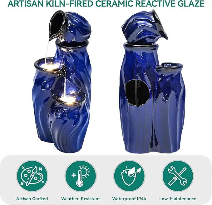 29" Tall Ceramic Water Fountain Outdoor with LED Lights, 4-Tier Cascading Waterfall Garden Fountain, Ideal for Serene Relaxing Patio, Yard or Porch, Cobalt Blue Glaze, Dynamic Wave-Texture by GreenHaven Gardens