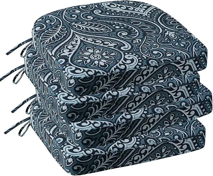 Outdoor Round Corner Seat Cushion, 17"x16"x2", Set of 4, Non Slip Seat Cushion Pads with Removable Cover for Patio Furniture, Garden Yard Lawn, Damask Vine by GreenHaven Gardens