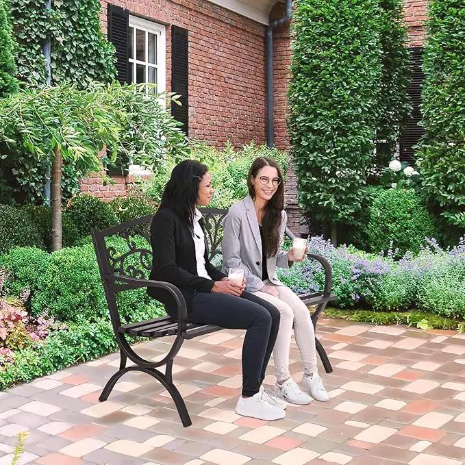 FDW Outdoor 50 Inches Garden Bench, Slatted Seat Armrests Floral Design Backres and Arch Legs, Perfect for Park, Yard, Porch, Lawn, Balcony, Backyard, Black by GreenHaven Gardens