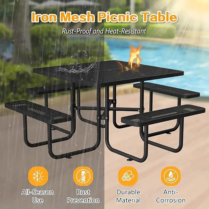 79'' Steel Square Picnic Table for Outdoors, Expanded, Lifetime Picnic Table with Umbrella Hole, Heavy Duty Sturdy Commercial Picnic Tables for Garden Courtyard BBQ, Black by GreenHaven Gardens
