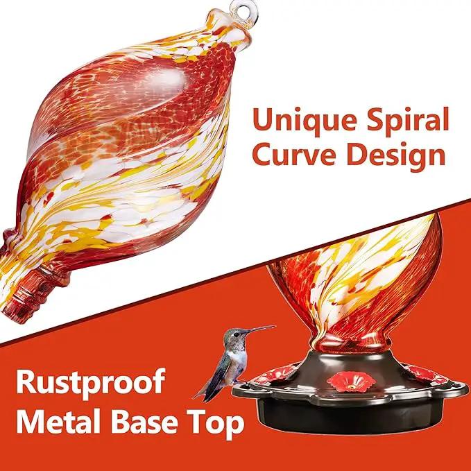 LUJII Ice Cream Shaped Spiral Hummingbird Feeder, Hand Blown Glass, 28 fl.oz, Leak Proof & Rustproof, Includes an Ant Moat for Outdoors Hanging, Unique & Stylish Garden, Outside & Backyard Decor (Red) by GreenHaven Gardens