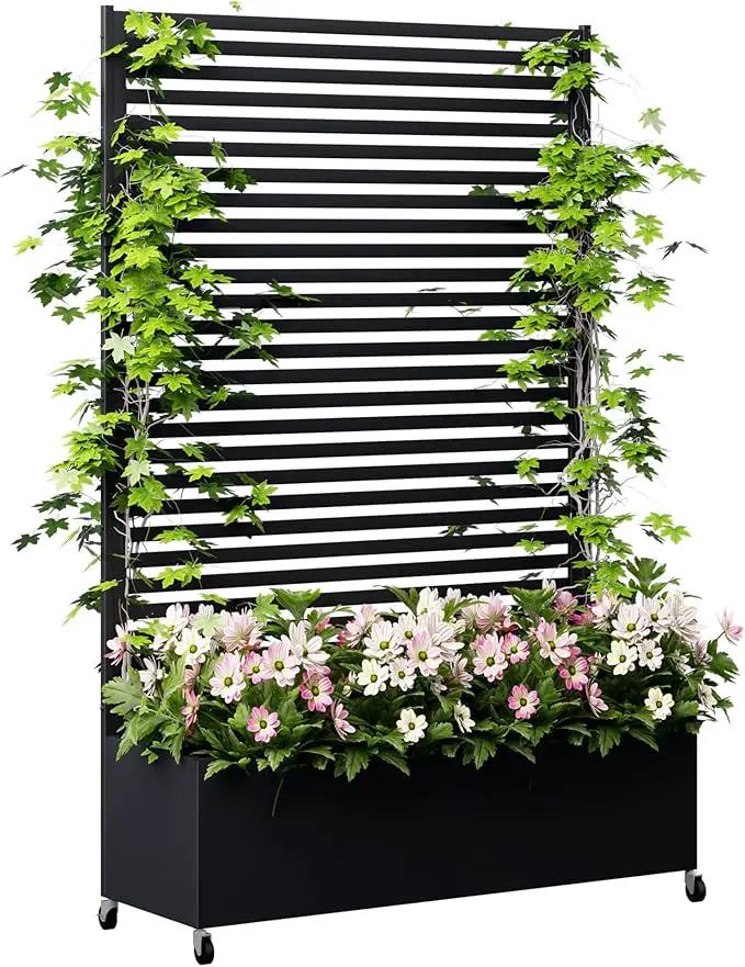 Metal Planter Box with Trellis Privacy Screen, Raised Garden Bed with Trellis & Wheels, Privacy Planters for Patio, Planter Box with Drainage Holes for Climbing Plants, Flower, 73"x 47"x 16", Black by GreenHaven Gardens