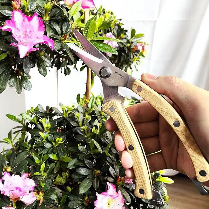 BUGUI Wood Handle Garden Shears, Long Straight Tip, All Steel Construction, Sharp, Well Designed Garden Scissors, 8" by GreenHaven Gardens