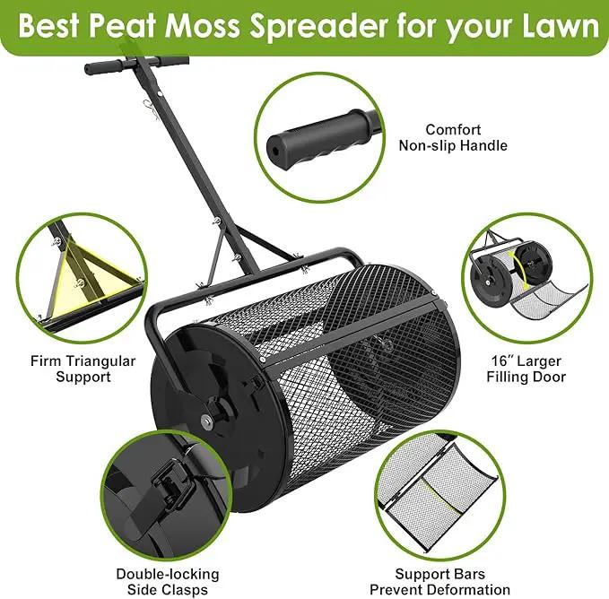 Seeutek Compost Spreader, 24" Peat Moss Spreader with 3 Heights, Top Soil Spreader W/Upgraded Side Latches Support Rod Powder Coated Metal Mesh Top Dressing Spreader for Lawn, 2 Way Uses-Push or Tow by GreenHaven Gardens