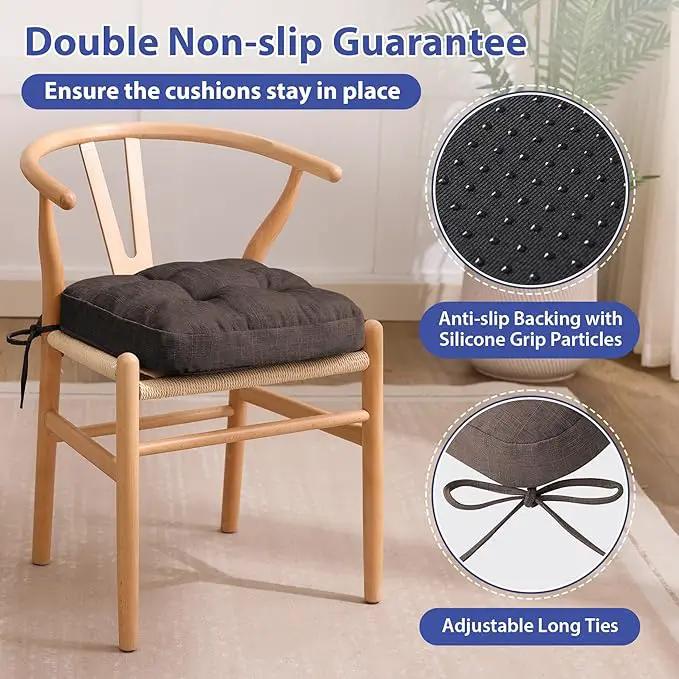 Chair Cushions for Dining Chairs, Dining Chair Cushions, Tufted Indoor Chair Pads with Ties & Non Slip Backing, Seat Cushions for Kitchen Chairs 16.5” x 16.5” x 3.5”, Set of 6, Brown
