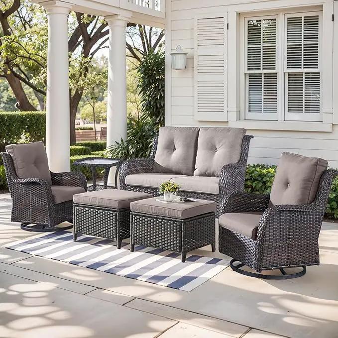 Outdoor Wicker Patio Furniture Set - 6 Piece Rattan Patio Conversation Set with 2 Rocking Swivel Chairs,2 Ottomans,1 Loveseat and 1 Side Table for Porch Deck Backyard Garden(Brown/Grey) by GreenHaven Gardens