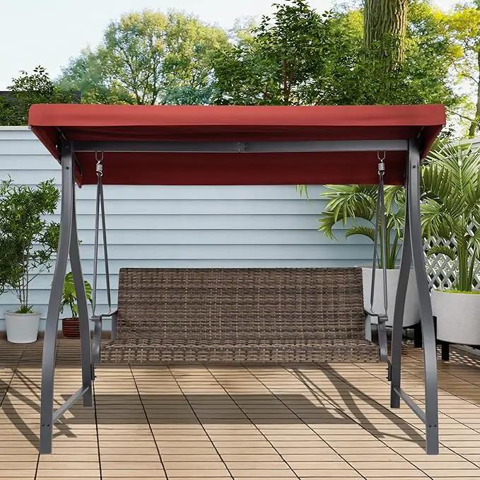 BPS 3 Seat Outdoor Porch Swing with Adjustable Canopy, PE Wicker Patio Swing Chair with Quick-Drying Foam Seat, 882 LBS Capacity, Proch Swings for Deck, Backyard, and Lawn, Red by GreenHaven Gardens