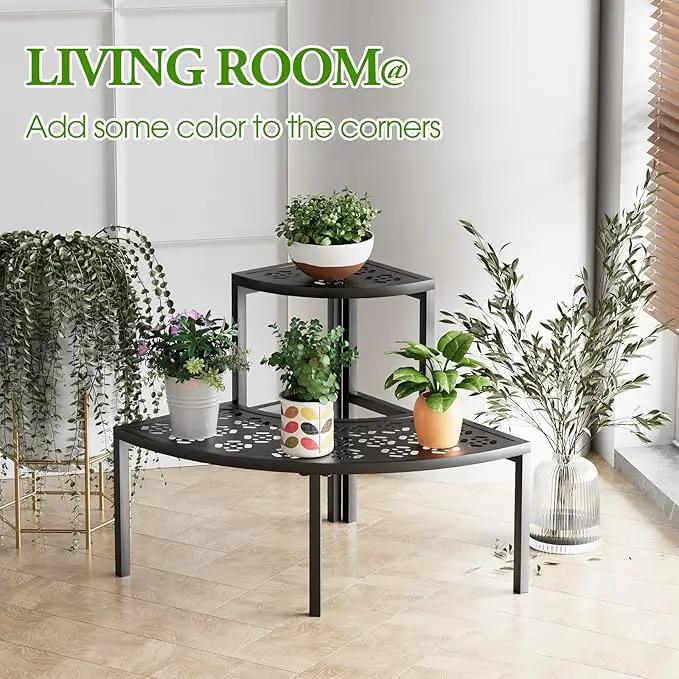 aboxoo 2 Tier Plant Stand Flower Pot Rack for Patio,Metal Stair-Step Style Corner Shelf Planters,Hevay Duty Plant Stand,Quarter Round Display Holder for Indoor Outdoor Use(Black) by GreenHaven Gardens