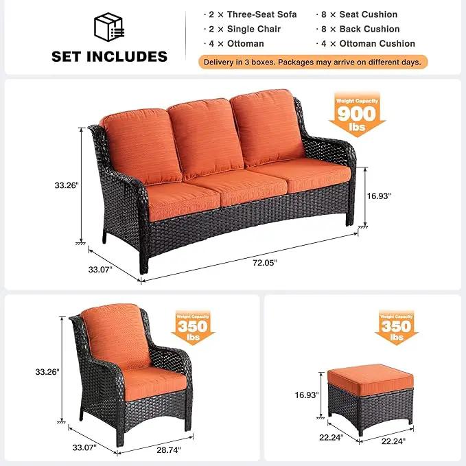 ovios 8 Pieces Patio Furniture Set, Outdoor Wicker Sofas with 2 Chairs, 4 Ottomans and Comfy Cushions, All Weather High Back Couch Set for Deck Porch, Brown Rattan, Orange Red by GreenHaven Gardens