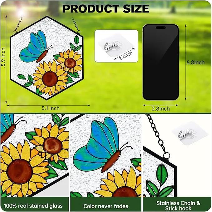 Stained Glass Butterfly Sunflower Suncatcher Window Hanging Ornament, Light Transmission Hand Paint Sun Catchers for Women Gifts, for Lover by GreenHaven Gardens
