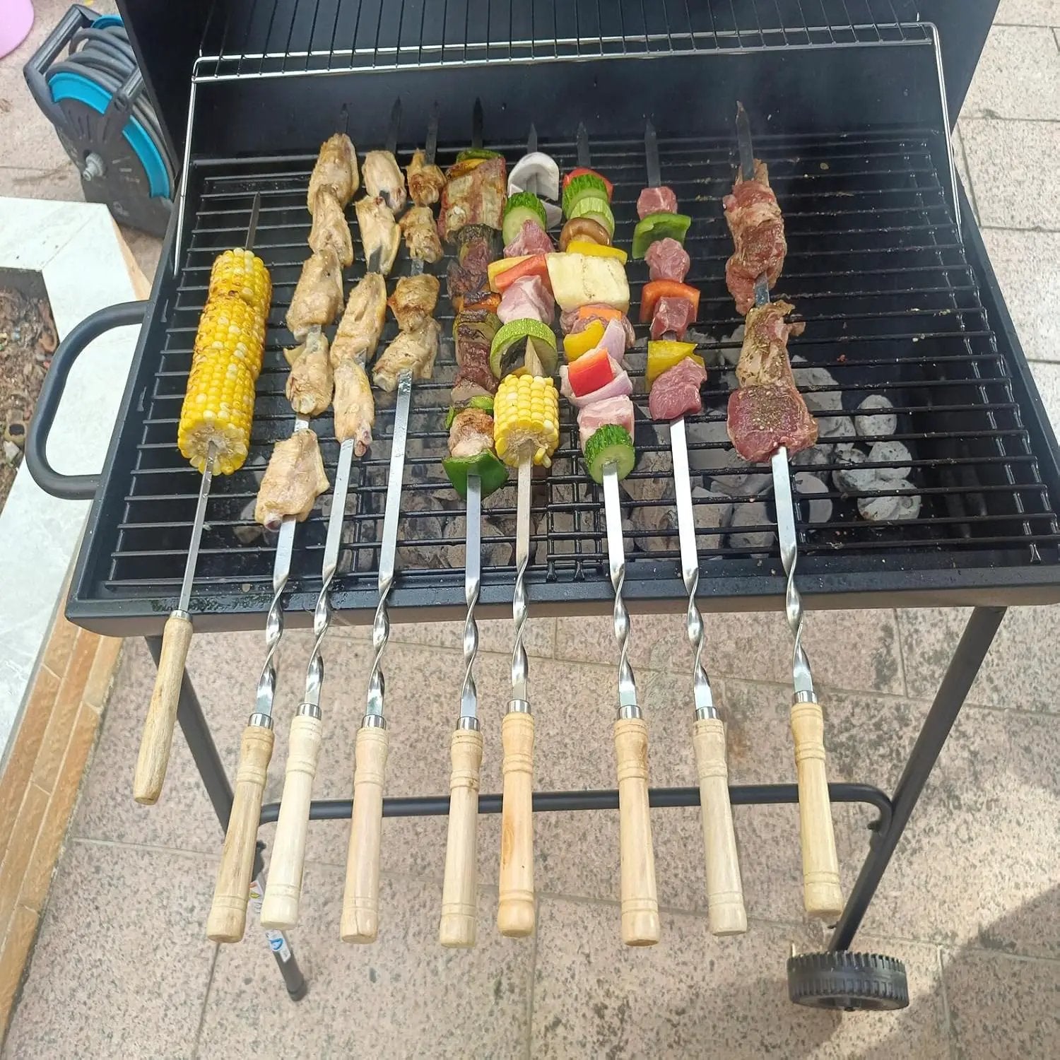 Large Size Kabob Skewers Flat Metal BBQ 22" Barbecue Skewer Wooden Handle Stainless Steel Shish Kabob Stick Wide Reusable Grilling Set Meat Shrimp Chicken Vegetable Kebab Fork Sausage-12PCS by GreenHaven Gardens