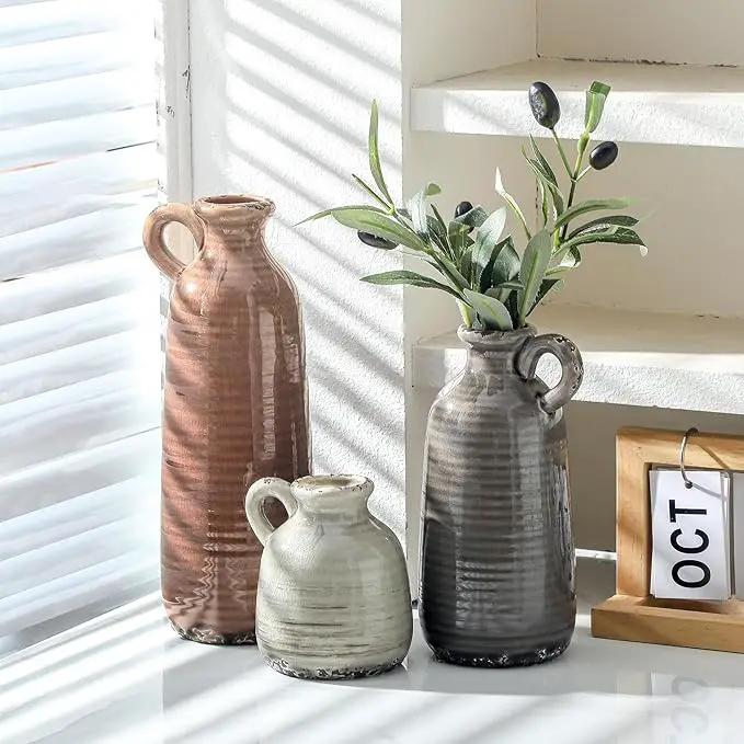 Ceramic Vases Set of 3, Neutral Rustic Farmhouse Vase with Handle, Decorative Flower Vases Home Decor Modern Boho Pampass Vase for Table Mantel Entryway Shelf Living Room Kitchen Bathroom - Brown by GreenHaven Gardens