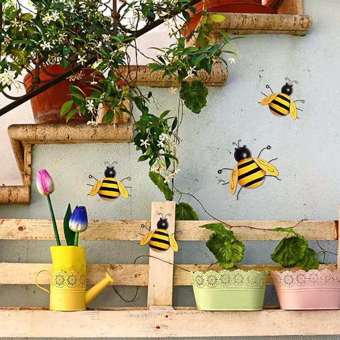 MorTime 4 Pack Metal Bee Wall Art Sculptures Garden Decorations, Hanging Bee Wall Decor Indoor Outdoor Garden Yard Lawn Decor by GreenHaven Gardens