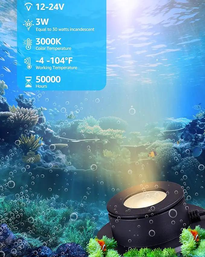 SUNVIE 3W Pond Lights LED Underwater 12-24V AC/DC Low Voltage Fountain Lights LED Underwater 3000K Warm White IP68 Waterproof Underwater Pond Lights for Outdoor Ponds Fountains Waterfalls, 2 Pack by GreenHaven Gardens