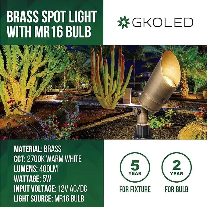GKOLED Solid Brass Spotlight Low Voltage Landscape Lighting, LED Outdoor Lights for Garden Patio Yard, Directional Up Light with 5W MR16 Bulb, 12V 2700K Warm White by GreenHaven Gardens