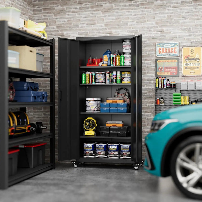 73" H Metal Garage Storage Cabinet with Wheels,Rolling Tool Storage Cabinet with 2 Doors and 4 Adjustable Shelves for Garage,Home,Office,Warehouse,Workshop, Required-Assembly,Black by GreenHaven Gardens