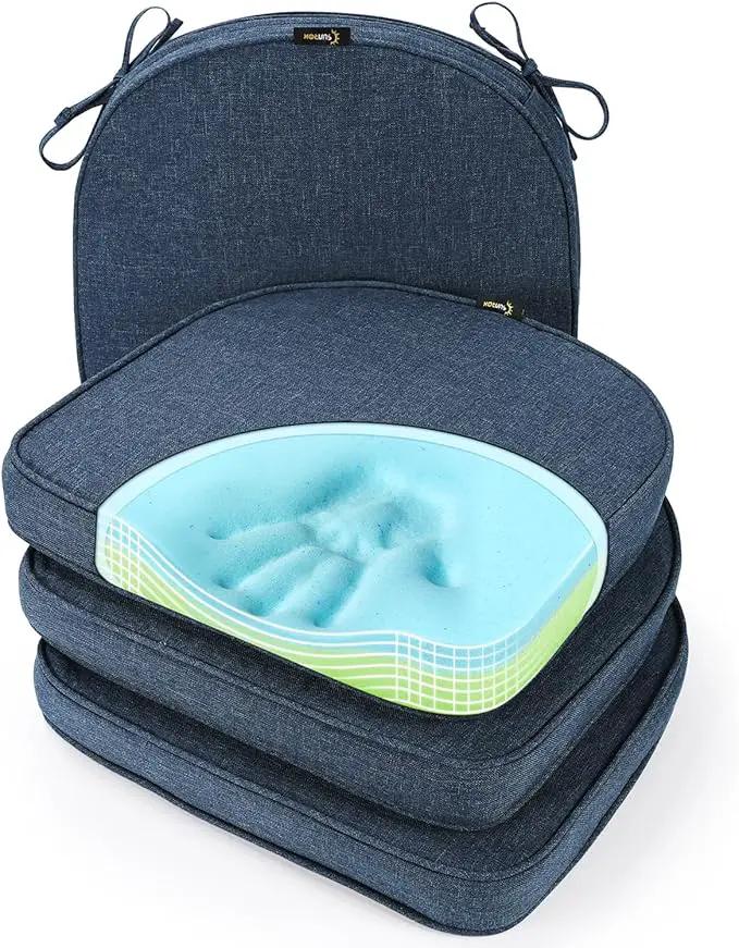 SUNROX Gel Memory Foam Chair Cushion with Ties, Ultra Durable Water Resistant FadeShield Outdoor/Indoor Reversible Chair Seat Cushion 17 x 16 inch Set of 4, Heather Indigo by GreenHaven Gardens