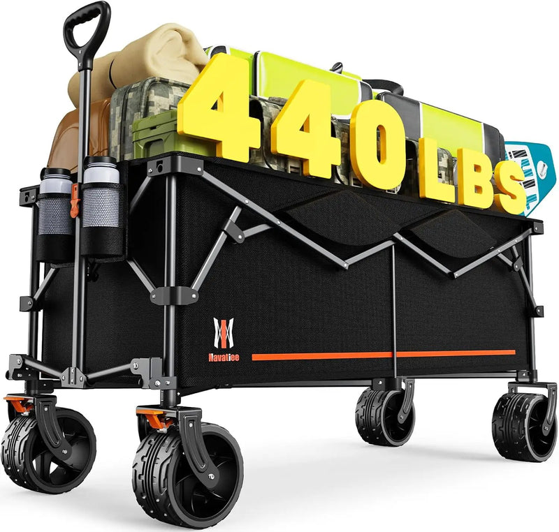 Navatiee 300L Extra Large Collapsible Wagon Cart Foldable, 48''L Extended Heavy Duty Folding Beach Wagon with 440LBS Weight Capacity and Big Wheels, Utility Garden Cart for Sports Camping by GreenHaven Gardens