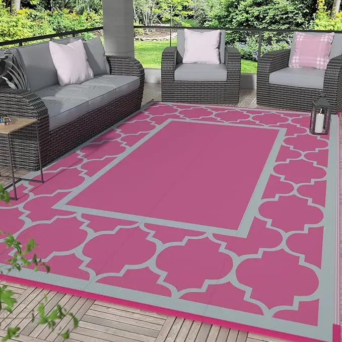 GENIMO 6' x 9' Outdoor Rug Waterproof for Patio Decor, Foldable Reversible Plastic Straw Area Rugs Mat for Camper, Outside Carpet for Rv, Deck, Porch, Picnic, Beach, Balcony, Pink & Grey by GreenHaven Gardens