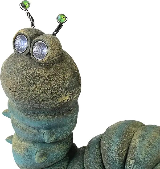Alpine Corporation FCC121SLR Outdoor Solar Powered Garden Caterpillar Statue with LED Lights, LED Solar Garden Décor, 16"