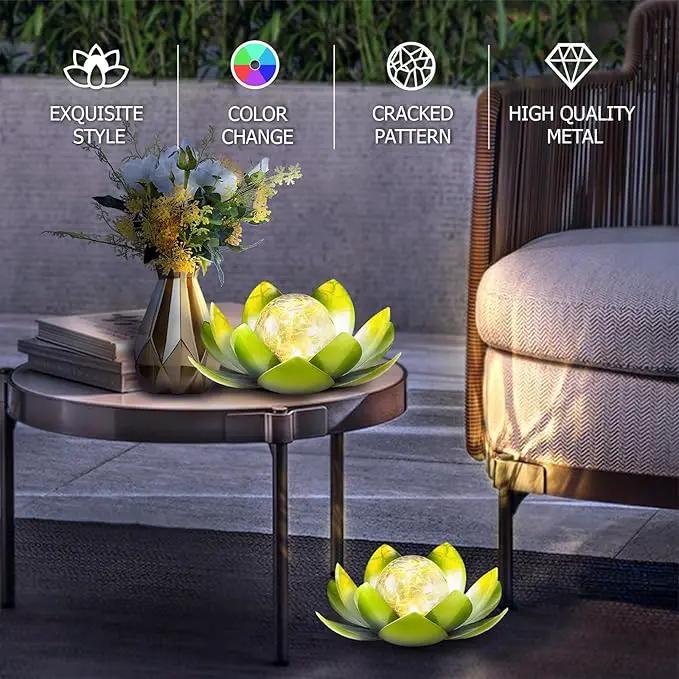 Huaxu Solar Lights Outdoor Garden Decoration Crackle Globe Glass Waterproof LED Metal Green Lotus Flowers Gift for Mom,Women,Patio,Lawn,Walkway,Tabletop,Ground by GreenHaven Gardens