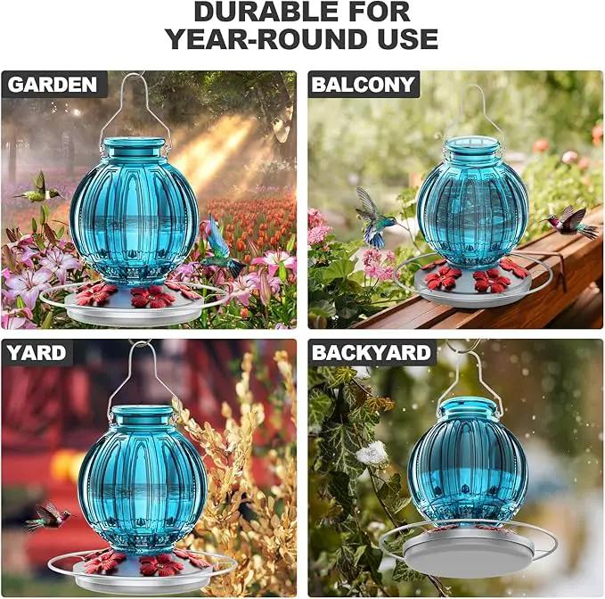 Glass Hummingbird Feeder for Outdoors Hanging, 26Oz Bird Nectar Feeder with Perch & 5 Flower Feeding Ports, Leak Proof for Outside Garden Decor Backyard, Gifts for Women Mom, Blue by GreenHaven Gardens