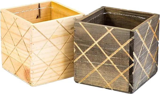 Wood Planter Box with Diamond Cross Hatch Style, 5 Inch Square, Rustic Barn Wood, Plastic Liner, Wedding Flowers Holder, Home and Venue Decor (5x5 Diamond Cross Hatch Set of 4, Natural) by GreenHaven Gardens