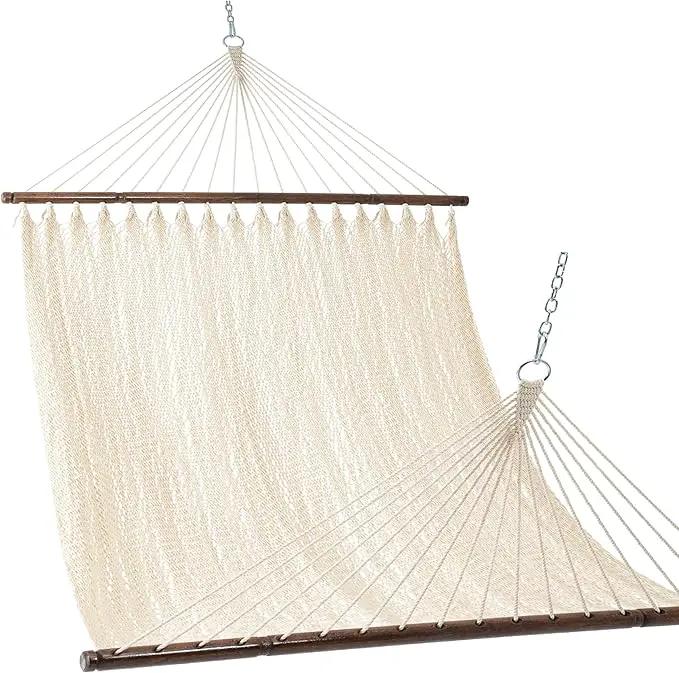 Lazy Daze Hammocks 10.5 FT Double 2 Person Caribbean Rope Hammock, Hand Woven Polyester Hammock with Spreader Bars, for Outside Outdoor Backyard Patio Poolside,450 LBS Capacity, Cream by GreenHaven Gardens