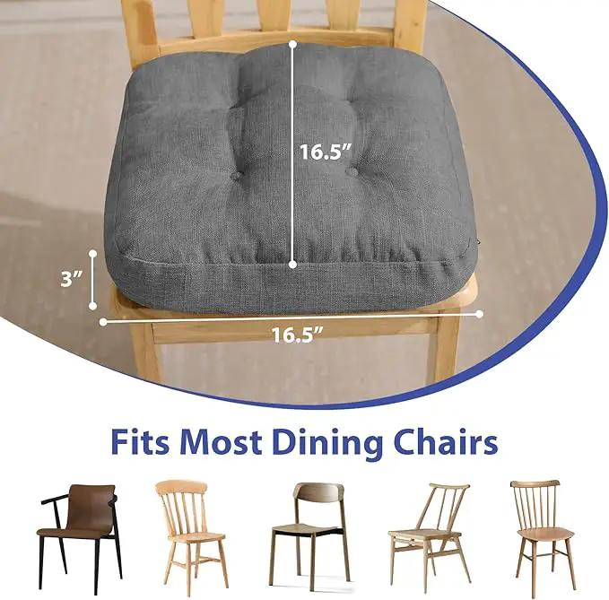 Chair Cushions for Dining Chairs, Dining Chair Cushions, Tufted Indoor Chair Pads with Ties & Non Slip Backing, Seat Cushions for Kitchen Chairs 16.5” x 16.5” x 3.5”, Set of 6, Grey by GreenHaven Gardens