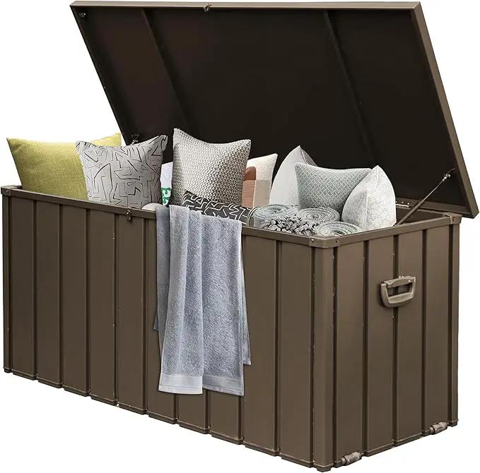 Domi Deck Box 160 Gallon, Waterproof Lockable Steel Outdoor Storage Container for Outside Cushions, Garden Tools and Pools Equipment, Brown by GreenHaven Gardens