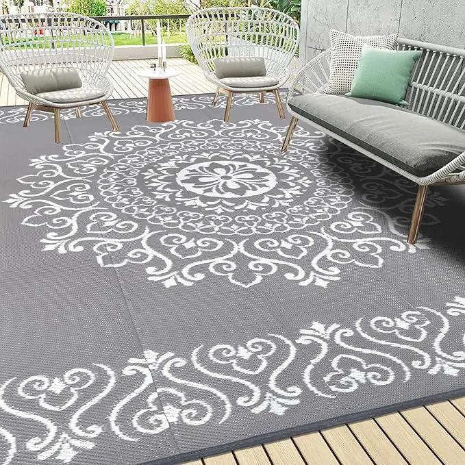 Pauwer Waterproof Outdoor Rug 9x12, Reversible Plastic Straw Patio Camping Rug, Indoor Outdoor RV Mat Carpet for Deck, Camper, Porch, Balcony, Backyard, Picnic, Floral Grey by GreenHaven Gardens