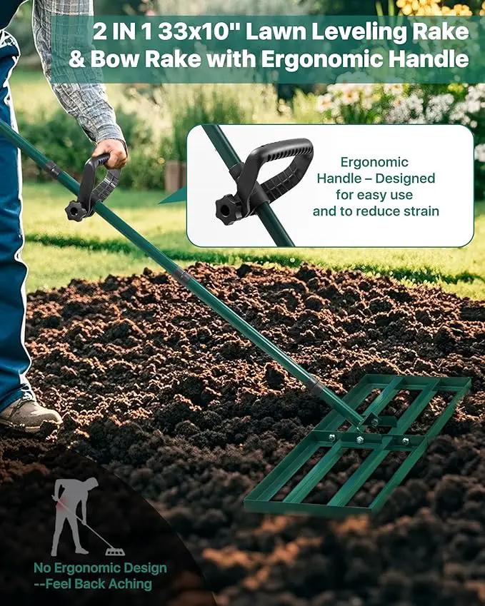 Lawn Leveling Rake 33x10'', Yard Leveling Rake with 78'' Back-Saving Adjustable Handle, Stainless Steel Lawn Leveler Tool with 17'' Tines Head for Garden, Backyard, Farm, Golf Course by GreenHaven Gardens