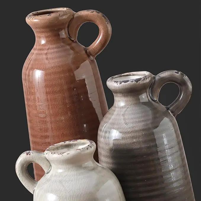 Ceramic Vases Set of 3, Neutral Rustic Farmhouse Vase with Handle, Decorative Flower Vases Home Decor Modern Boho Pampass Vase for Table Mantel Entryway Shelf Living Room Kitchen Bathroom - Brown by GreenHaven Gardens