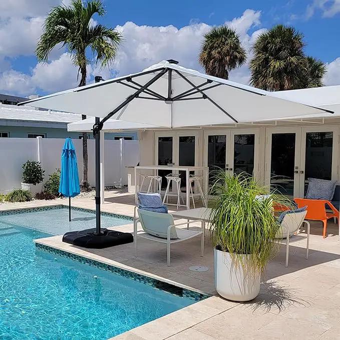 PURPLE LEAF 10 Feet Patio Umbrella with Base Outdoor Cantilever Solar Powered LED Square Umbrella Aluminum Offset Umbrella with 360-degree Rotation for Garden Deck Pool Patio White by GreenHaven Gardens