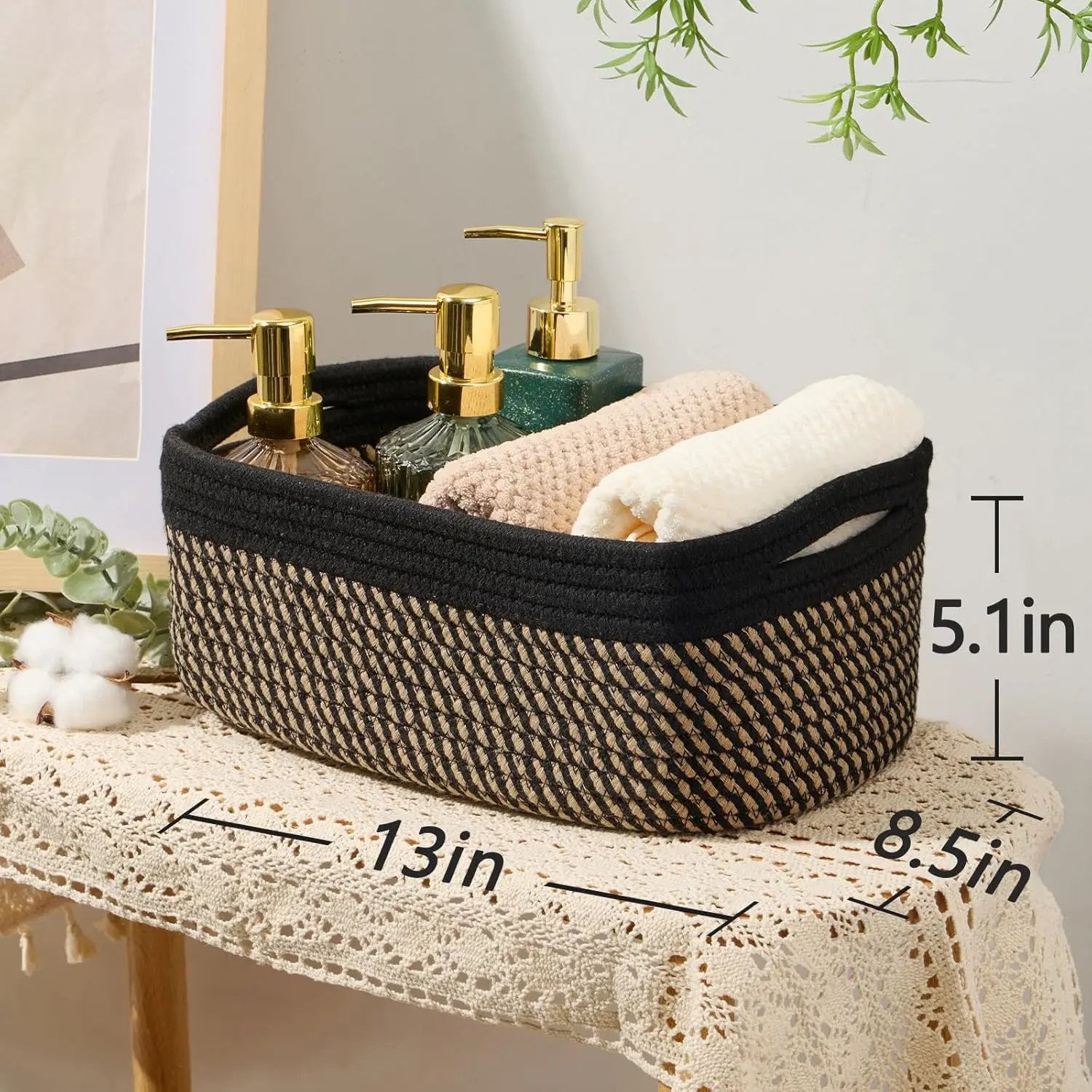 Small Storage Baskets for Organizing | Closet Organizer Bins | Shelf Toy Basket | Woven Rope Baskets | Cube Decorative Box | Shallow Basket | 13x8.5x5.1” | 3 Packs Black Brown by GreenHaven Gardens