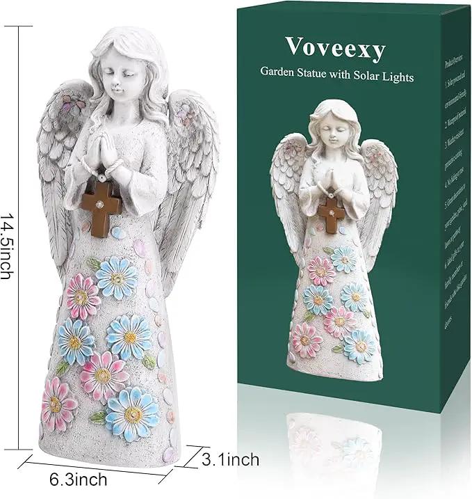 Angel Garden Figurine Outdoor Statue, Solar Garden Sculpture with 7 LEDs Welcome Sign Resin Praying Angel Art Decor for Patio Lawn Yard Porch Decoration, Housewarming Gift by GreenHaven Gardens
